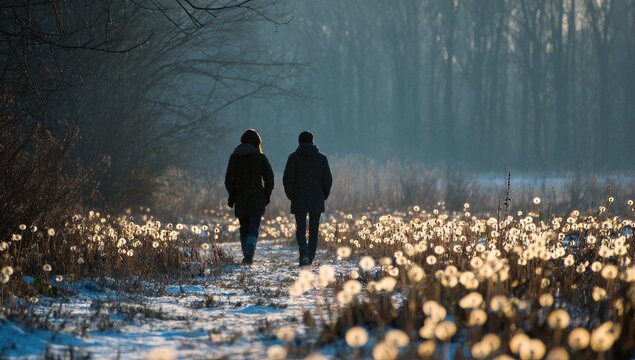 Couple winter stroll snowy path, forest background, romance - Powered by Adobe