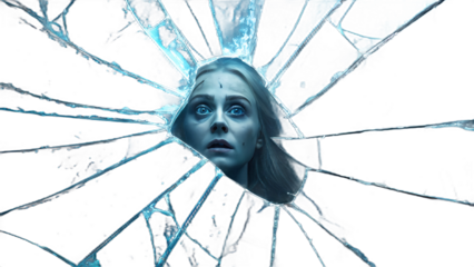 A ghostly face in shards of broken mirror 