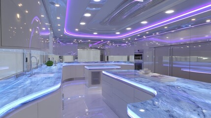 Futuristic kitchen design with marble countertops and neon lighting accents bright
