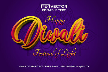 Happy Diwali Festival of Light 3D Text Effect Yellow Red Color Style. Editable Text