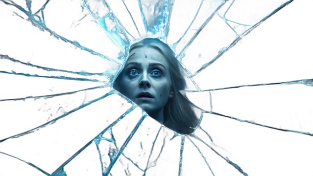 A ghostly face in shards of broken mirror 