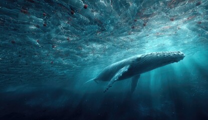 Fototapeta premium Humpback whale swims through underwater plastic debris. Sunlight streams down