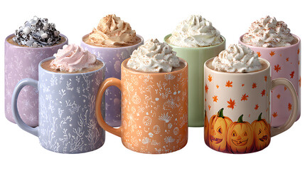 Set of 5 pumpkin spice lattes in Halloween mugs, isolated on white background