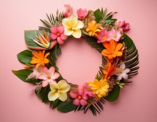 Stunning floral wreath with vibrant tropical flowers and lush greenery against a soft pink background, perfect for spring celebrations and elegant designs