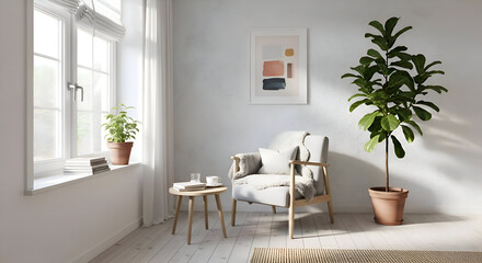 Fototapeta premium Stylish Interior with Armchair and Fiddle-Leaf Fig