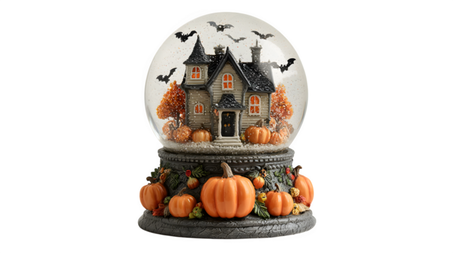 Haunted house snow globe with bats and pumpkins, isolated on white background