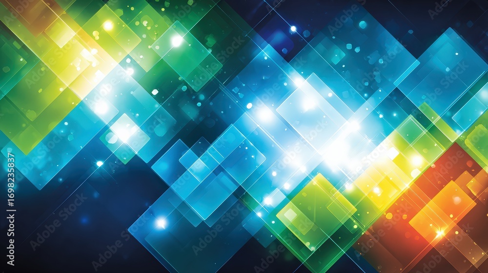 Poster a vibrant, abstract design featuring overlapping colorful squares and bright lights, creating a dyna