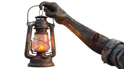 A zombie hand holding old lantern with transparent background 