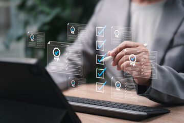 Certificate Verification Online Approval Concept,Businessman Checking Digital Quality Certificate Checklist,Compliance Audit, Document Authentication, Industrial Standard,Corporate Validation,Approval