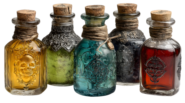 Set of 5 creepy potion flasks, isolated on white background
