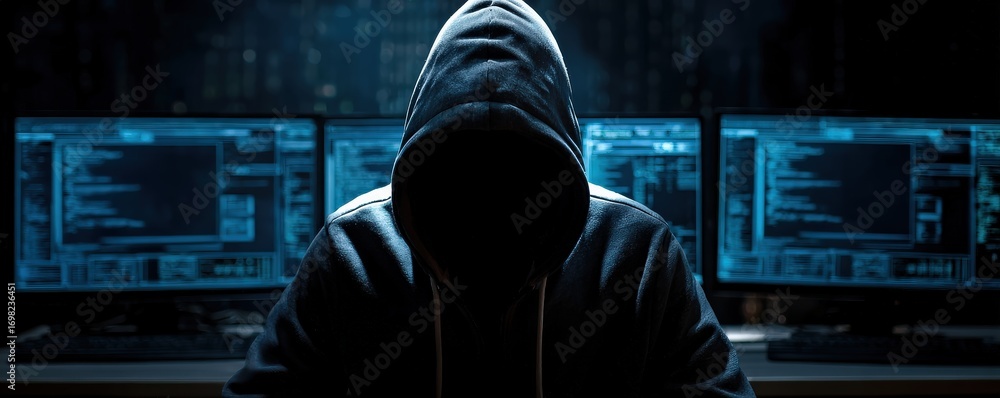 Poster a mysterious figure in a hoodie is seated in front of multiple glowing monitors, suggesting a high-t