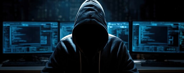 A mysterious figure in a hoodie is seated in front of multiple glowing monitors, suggesting a high-tech environment focused on hacking or cybersecurity.
