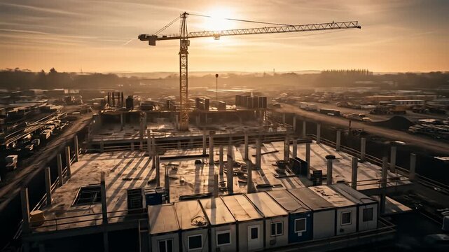 Construction site under a golden sunset, with a tall crane dominating the skyline