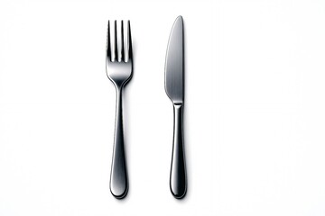 Semi-Realistic Fork and Knife Icon with Metallic Shine on White Background
