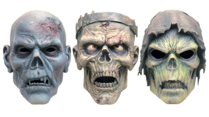 Collection of 3 zombie masks, isolated on white background