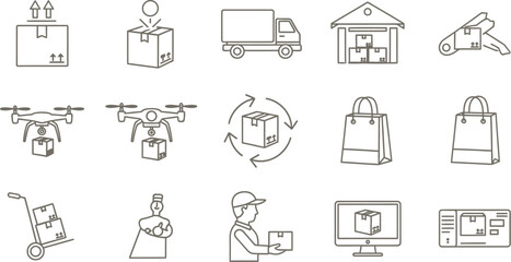 Modern logistics and delivery icons showcasing transportation and package handling