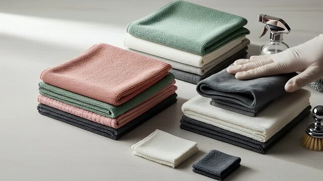 Folded towels stacked neatly in laundry service