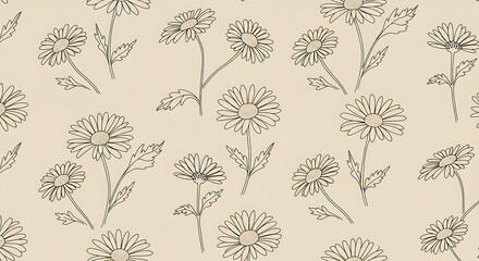 Seamless daisy flower line art pattern on light beige background