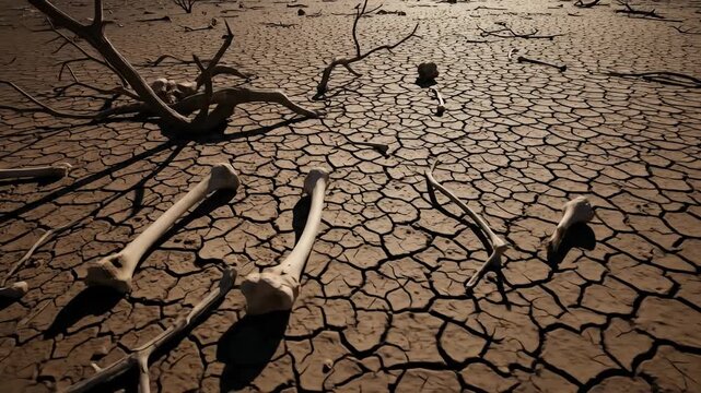 Arid landscape with cracked earth, scattered bones, and dry branches under harsh sunlight