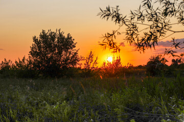 This shot captures a magical sunset as the fiery sun dips below the horizon, painting the sky in shades of orange and pink. The image conveys the peaceful, warm mood of a summer evening and reflects t
