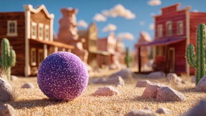 Purple sphere desert town backdrop 3D render