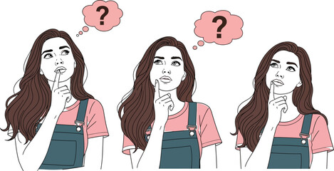 Young woman in thought, contemplating decisions with multiple questioning thoughts