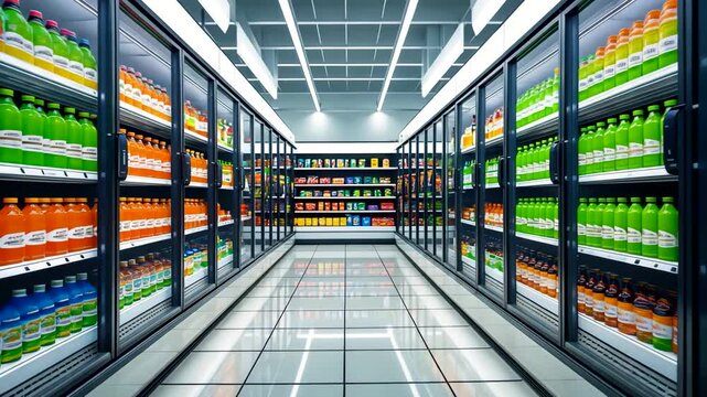 Bright Supermarket Beverage Aisle with Colorful Bottled Drinks in Refrigerated Display Shelves
