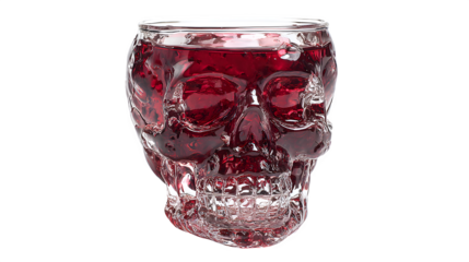 Skull-shaped wine glass filled with red drink, isolated on white background