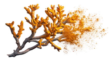 Orange and White Coral Branch with Disintegrating Texture on Black Background