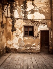 A weathered, aged building facade, showcasing a peeling plaster wall with a small window and door, set against a rustic wooden floor.