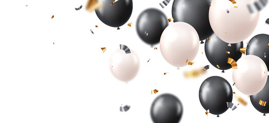 Beautiful black and white or silver balloons with confetti for invitation cards, celebration banner