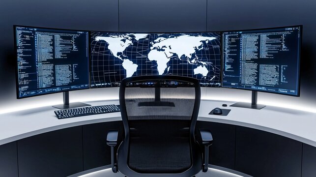 Wide panoramic shot of cybersecurity blue team operations center with glowing monitors and digital maps.