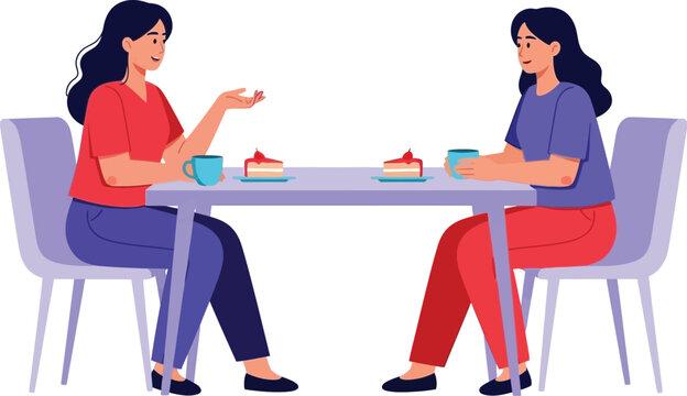 Two women sharing a friendly conversation over coffee and cake at a table.