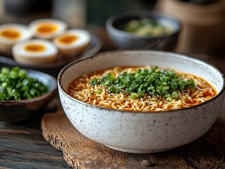 Steaming bowl of ramen noodles topped with fresh green onions and sesame seeds served with halved eggs
