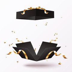 Elegant Opening Black gift boxes with golden confetti and ribbons