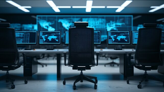 Wide panoramic shot of cybersecurity blue team operations center with glowing monitors and digital maps.