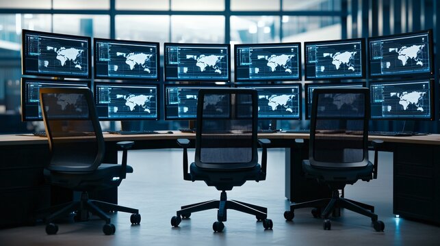 Wide panoramic shot of cybersecurity blue team operations center with glowing monitors and digital maps.
