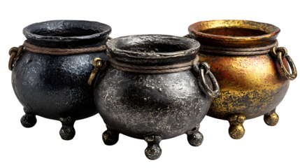 Set of mini cauldrons for table decoration, isolated on white background
