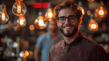 A smiling man with glasses in a cozy bar setting embodying entrepreneurial spirit and ambition