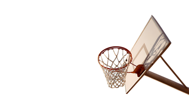 Angled basketball hoop and backboard with shadow on white background.