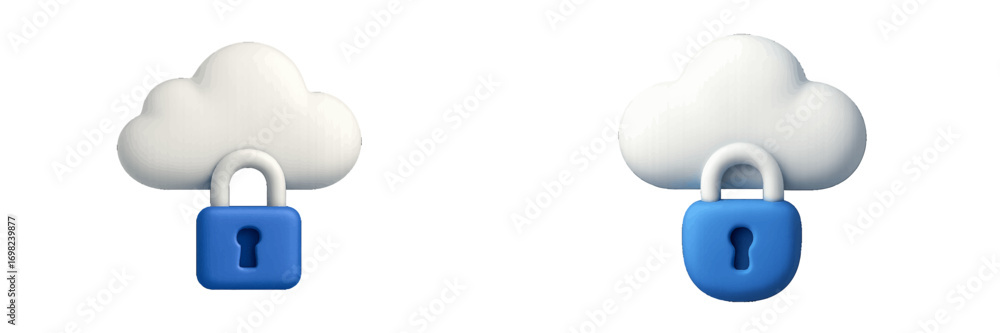 Poster set of 3d cloud computing security icons with a blue padlock representing data privacy, network prot
