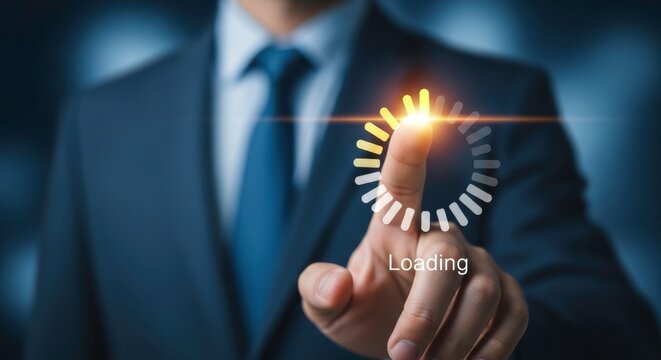 A businessman in a suit touching a loading icon on a screen with his finger tip