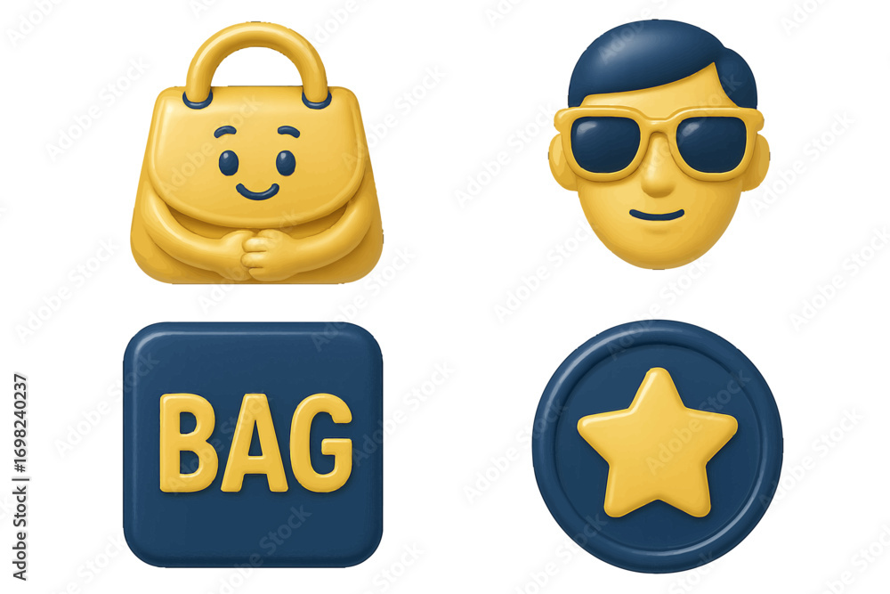 Poster 3d icon set with shopping bag, user avatar, and star rating button for e-commerce user interface des