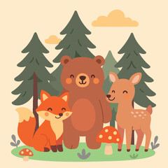 Woodland Animals Forest Bear Fox Deer Mushroom Woods Trees Print Vector Illustration Cute Happy Joyful Print Design
