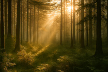Fototapeta premium Golden sunbeams pierce misty forest, illuminating lush green undergrowth