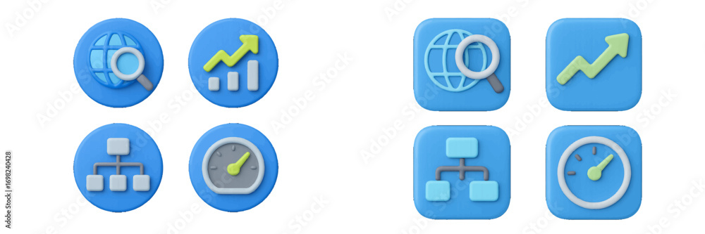 Poster set of 3d business icons for web and mobile applications featuring data analytics, global search, pe