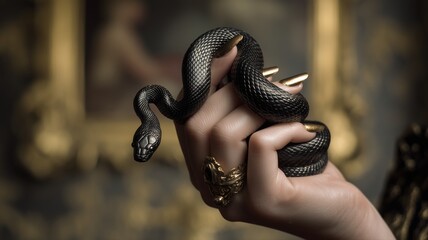 黒いヘビを優雅に持つ手のアップ。ファッションやミステリアスなイメージの素材。