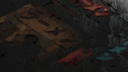 Close up of dark abstract oil painting with textured brush strokes and earthy tones