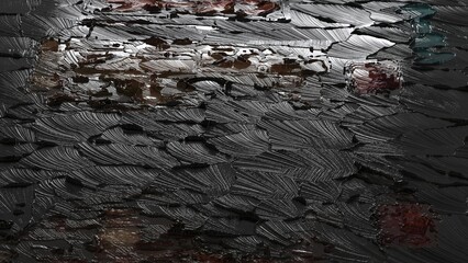Close up of abstract black textured paint surface with glossy strokes