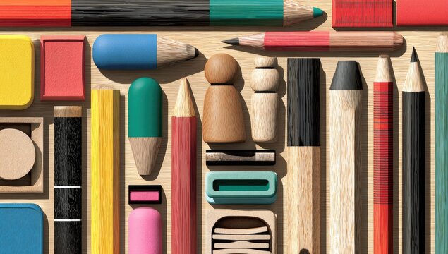 Colorful stationery items arranged on a light-brown wooden surface, showcasing a variety of pencils, erasers, and small objects